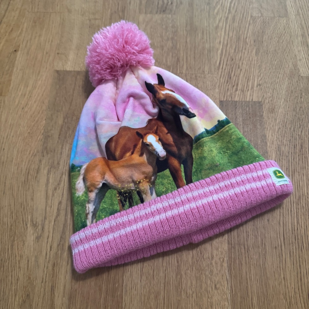 John Deere TODDLER Pink Horse Pom Pom Knit Beanie Hat